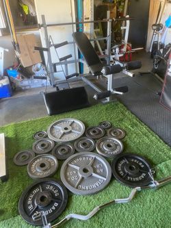 Bench press/squat rack, 310lbs plates w tree, barbell, ez curl bar, leg extension/leg curl & bicep.