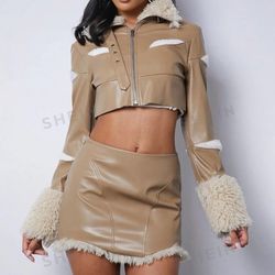 Fuzzy Trim Leather Jacket And Skirt Set 2 Piece