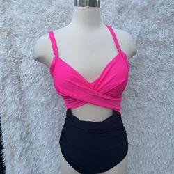 Stylish Pink and Black One Piece Swimsuit size medium 