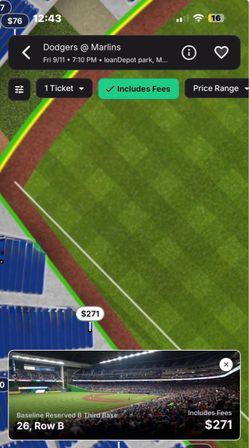 2 Dodgers vs Marlins Tickets - Lower Level Sec 26 Row E (Field Seats)
