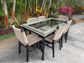 Bohemian style woven glass top table 36”x60” with 6 chairs