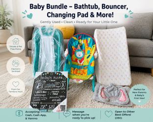 Bath tub, Bouncer, Changing Pad, milestone chalk
