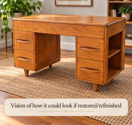 Desk with blond brown wood, 3 drawers and integrated shelving