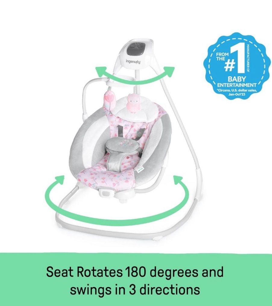 Ingenuity SimpleComfort Lightweight Compact 6-Speed Multi-Direction Baby Swing, Vibrations & Nature Sounds, 0-9 Months 6-20 lbs (Pink Cassidy)