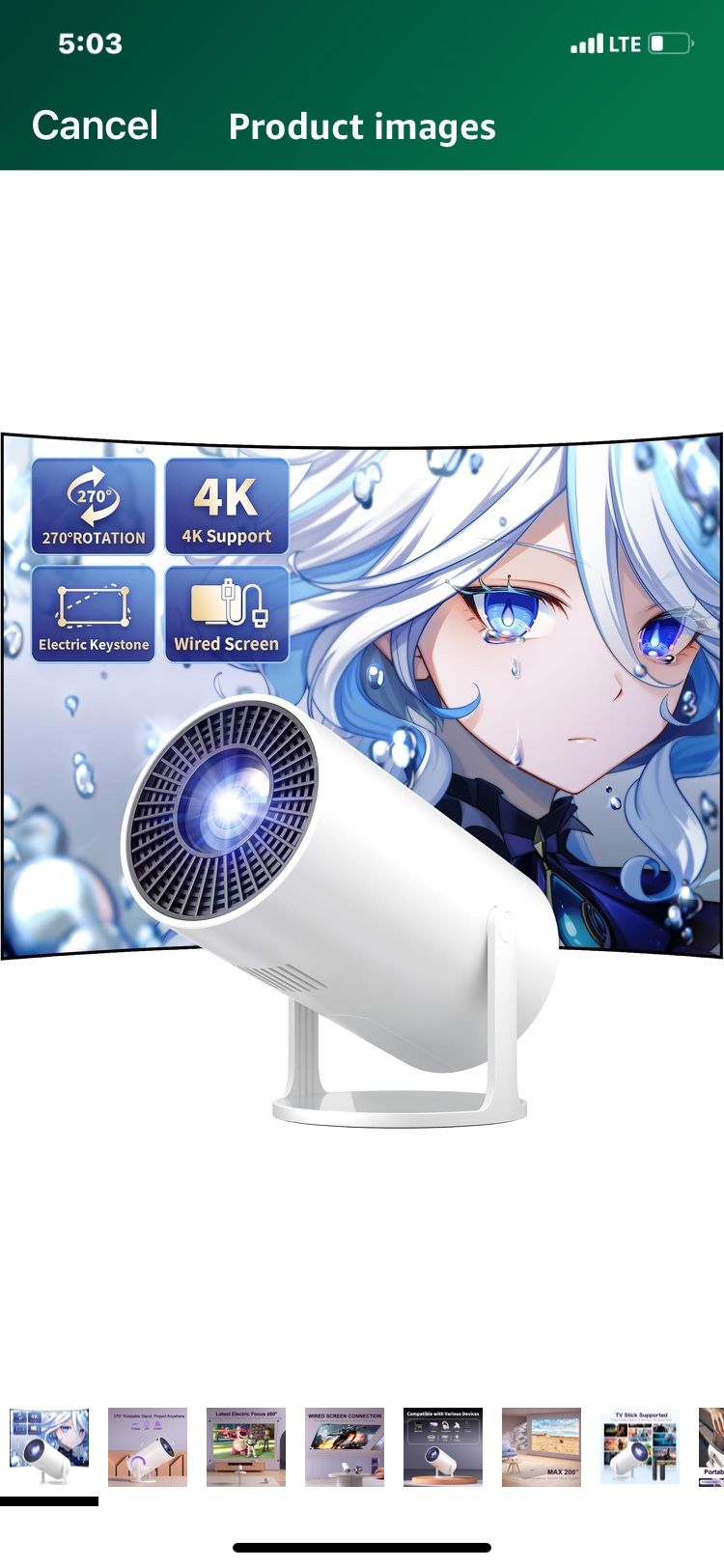Mini Projector, 270° Rotation, Portable Projector 4K Support, Full HD 1080P Outdoor Movie Projector, Wired Screen Synchronize Max 200" Display, Compat