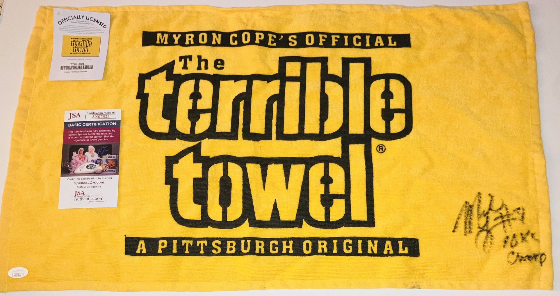 MIKE LOGAN SIGNED AUTOGRAPHED PITTSBURGH STEELERS TERRIBLE TOWEL +INSC JSA COA!