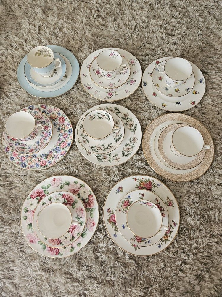 Vintage Crown Staffordshire Bone China Tea Cup, Saucer, and Salad Plate sets
