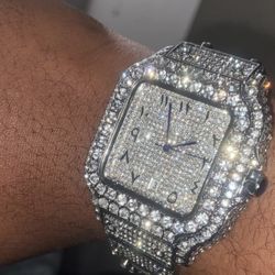 Iced Out Cartier Santos Watch – Fully Diamond Bustdown – Stainless Steel