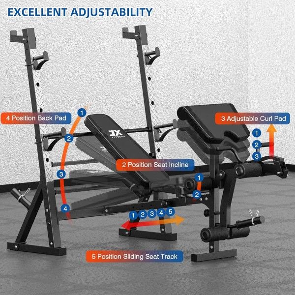 Heavy duty bench press, Squat Rack, Preacher curl adapter, Leg press
