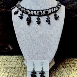 Black Beaded Chocker Necklace with Matching Earrings 