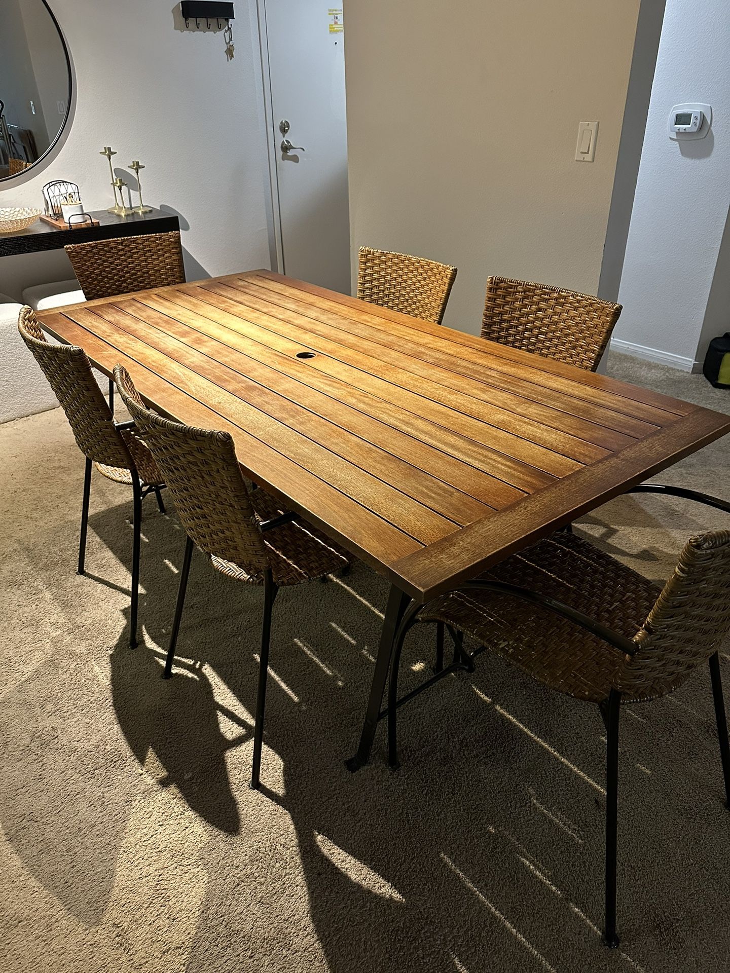 Crate and Barrel Dining Set — Wood and Iron Table + 6 Rattan Wicker and Iron Chairs