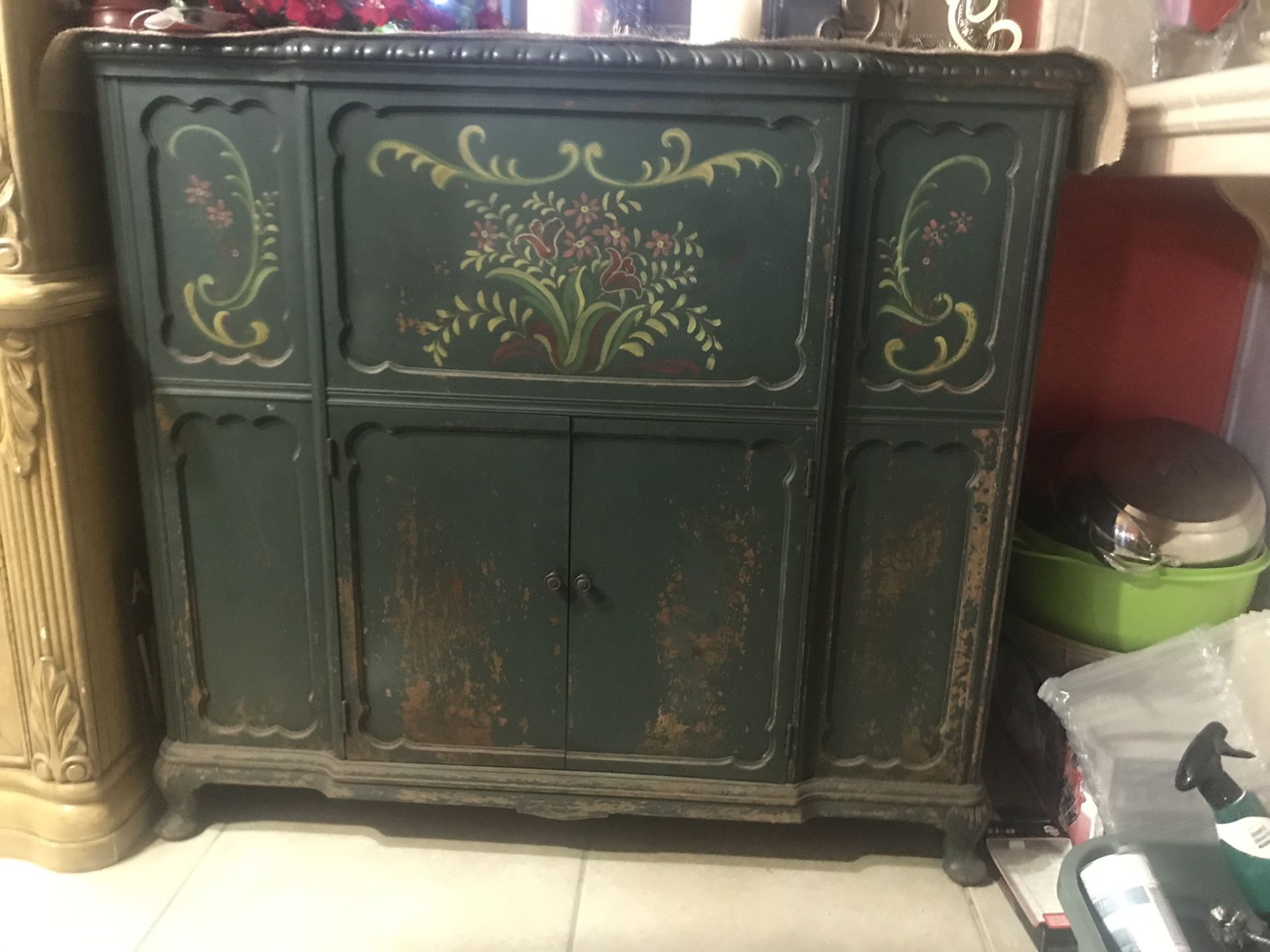 Antique Green cabinet tall 36”1/2 length 39” deep 17”