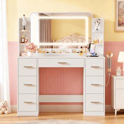 New Makeup Vanity Desk with LED Mirror, Modern Vanity Table Set with Storage & Power Outlet for Bedroom & Dressing Room, White  New in box VN25-0938-2