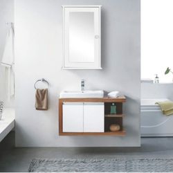 NEW OPEN BOX Ktaxon Medicine Wall Mounted Bathroom Storage Mirror Cabinet Organizer W/ Door & Shelf WHITE