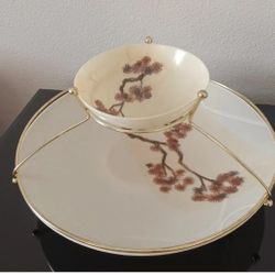 Retro Vntg MCM Two-tier Fiberglass Japanese Bonsai Chip & Dip Set Gold Trimmed