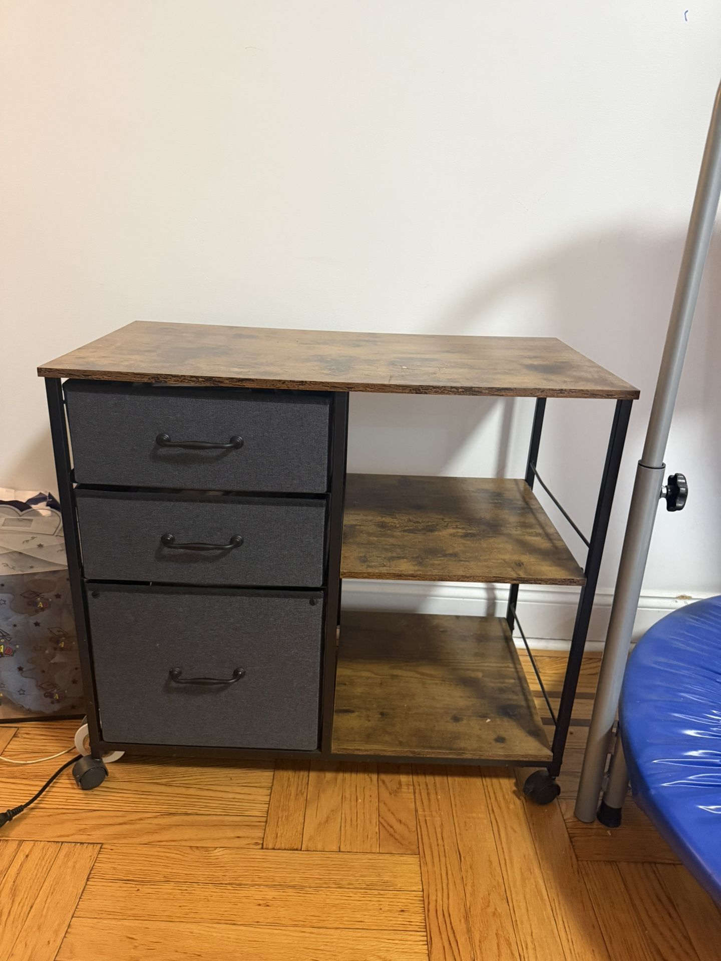 Rolling Storage Shelf w/ 3 Fabric Drawers – Rustic Wood Style