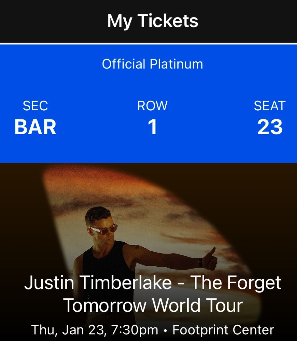 Justin Timberlake 1/23 Phoenix Show Stage B Bar Seats