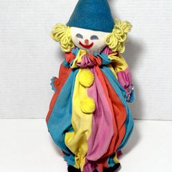 Vintage Handcrafted Colorful Fabric, Yarn & Burlap Clown Doll