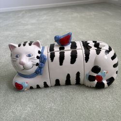 Vintage Cocoa, Dowley, Ceramic Cat With Blue Scarf And Bird Three-Piece Canister Set