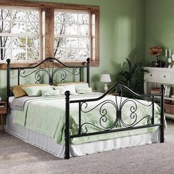 Full Size Platform Bed Frame, Butterfly Pattern Design, Black Wrought Iron-Art H