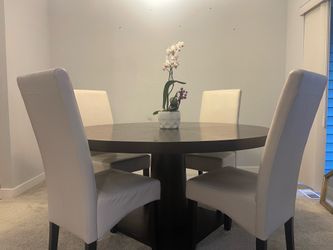 60” Solid Wood Round Dining Table + 6 Modern Faux Leather Chairs (Full Set)