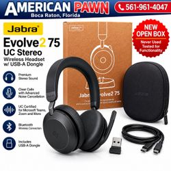 Jabra Evolve 2 75 - USB-A UC Wireless Headset with Charging Stand in Black. Part number 27599-989-989 New, open box.
