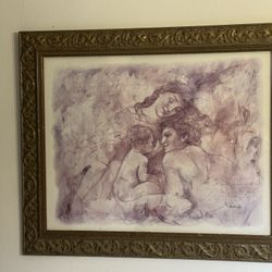 Francois Fressinier Large Framed Lithograph Happy Family Rare Wall Art 34”x28”