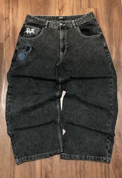 Dark Grey GLOE Baggy Jeans XL – Embroidered Cartoon Graphic, Graffiti Logo, Y2K JNCO-Style Wide Leg