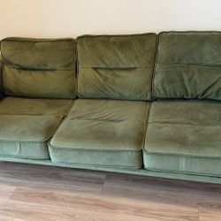 Mid-Century Olive Green Velvet Sofa – 3 Seat, Gold Legs, Throw Pillows Included $140 OBO