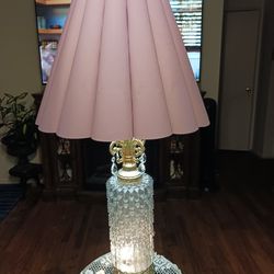 38 INCHES TALL Very Beautiful LOOKING VINTAGE  GLASS AND BRASS LAMP  HAS A VERY  NICE  PURPLE SHADE  GREAT CONDITION 