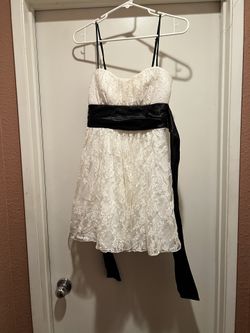 White Lace with Black Waist Tie Party Dress - Size Medium