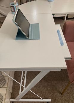 White L-Shaped Desk with Metal Frame