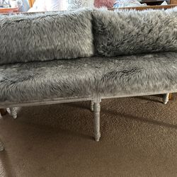 Fuzzy bench with two throw pillows, newly reupholster