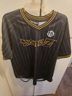 Dragon Ball Z Jersey Shirt Men’s Med Black Gold Pinstripe Goku Embroidered Y2K