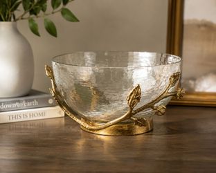 Decorative Hammered Glass Bowl with Gold Leaf Metal Stand – Made in India