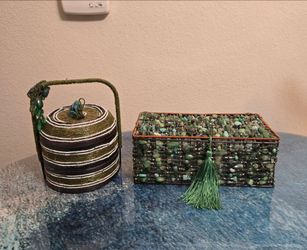 1 Vintage beaded basket.  1 Vintage  Glass Beaded Metal Jewelry