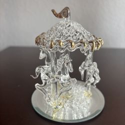 Spun Glass Carousel Horses Mirror Base Stationary Gold colored trim miniature