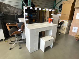 Vanity with Lighted Mirror - Makeup Vanity Desk with Lights and 11 Drawers, 3 Color Lighting Modes Adjustable Brightness, 46" Makeup Desk with Soft Cu