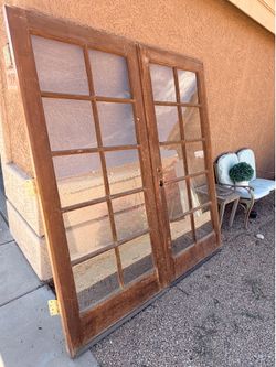 Brown Wood Double Front Door Set with 10 Window Glass - Total Size (LxWxH: 72” x 80.25”)