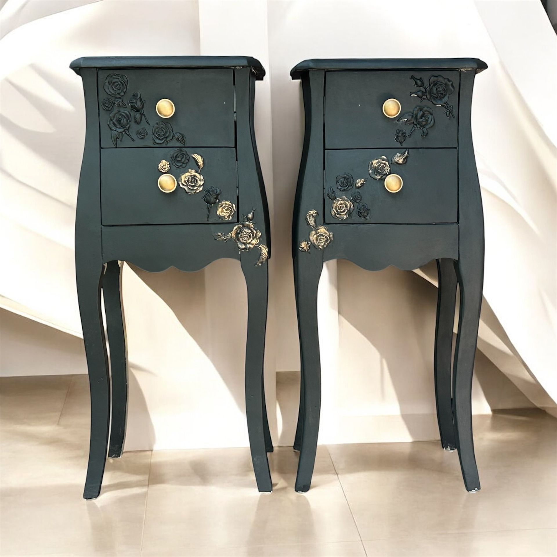 Pair of Black & Gold Floral Nightstands – Vintage Charm with a Modern Twist