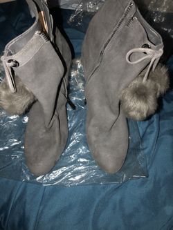 Gray Boot With Fur Pom Pom