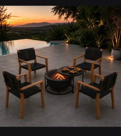 5-Pc Outdoor Patio BBQ Fire Pit Set:  28" Fire Grill / Table + Set of 4: Acacia Wood Club Chairs w/ Woven Rope Weaving [NEW] Assembly Req