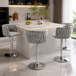 Set of 4 light gray  360 Swivel Bar Stools with Woven Back and Footrest [ NEW IN BOX]