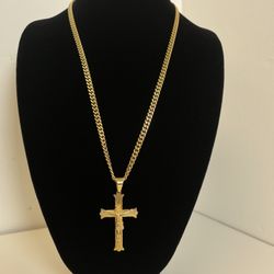 Gold Cross and Jesus Charm with a 14K Gold Plated Cuban Link Necklace 5mm Chain Set