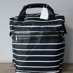 A New Day Backpack Black &  White Zip Closure Striped Square,  NWT