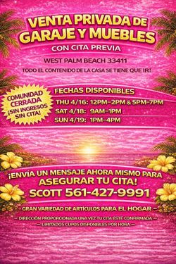 VENTA PRIVADA DE GARAJE Y MUEBLES – SOLO CON CITA PREVIA. WEST PALM BEACH 33411