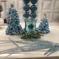 Set of blue Christmas decorations including 2 cloth trees, 6 ornaments, vase w/battery mini lights, 2 heavy acrylic bead stems  Trees 10 inch, 7 inch,