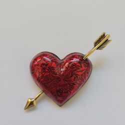 Vintage Avon Signed Red Enamel Puffy Heart Cupid Arrow Brooch Pin Gold Tone
