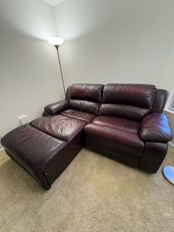 Power Recliner Cherry Brown Leather Sectional Sofa w/ Chaise - Like New