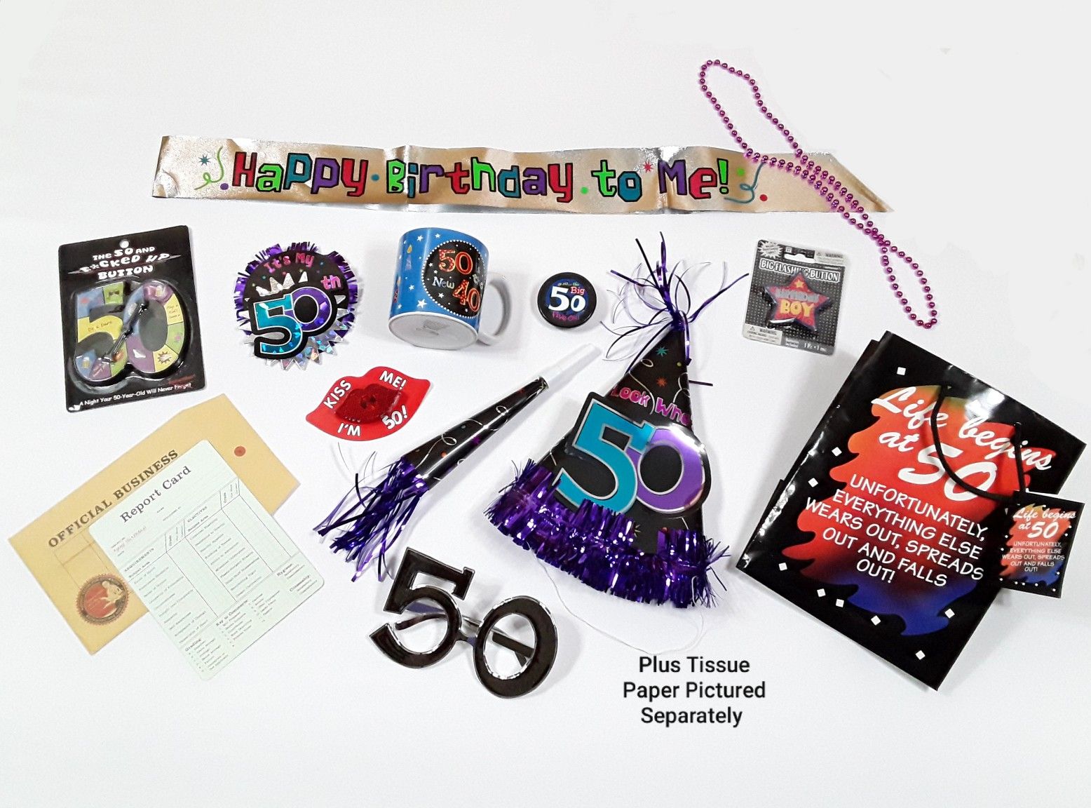 50th Birthday Party Supplies - Ceramic Mug, Gift Bag, Sash, LED Buttons & More!